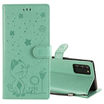 For Samsung Galaxy Note 20 Cat and Bee Embossed Flip Leather Phone Case Wallet Cover with Card Slots Cash Pocket Magnetic Stand Protective Shockproof TPU PU Leather Case with Wrist Strap