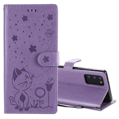 For Samsung Galaxy Note 20 Cat and Bee Embossed Flip Leather Phone Case Wallet Cover with Card Slots Cash Pocket Magnetic Stand Protective Shockproof TPU PU Leather Case with Wrist Strap