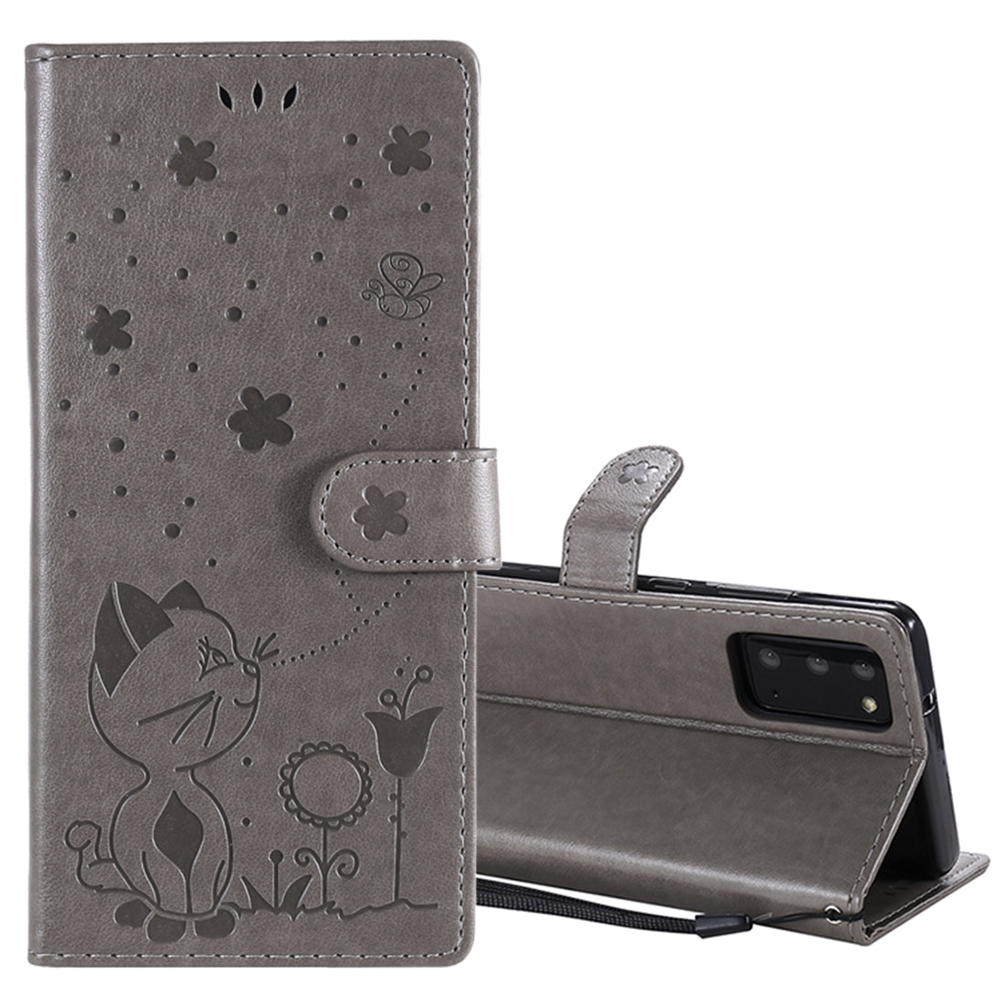 For Samsung Galaxy Note 20 Cat and Bee Embossed Flip Leather Phone Case Wallet Cover with Card Slots Cash Pocket Magnetic Stand Protective Shockproof TPU PU Leather Case with Wrist Strap