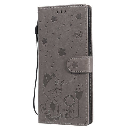 For Samsung Galaxy Note 20 Cat and Bee Embossed Flip Leather Phone Case Wallet Cover with Card Slots Cash Pocket Magnetic Stand Protective Shockproof TPU PU Leather Case with Wrist Strap
