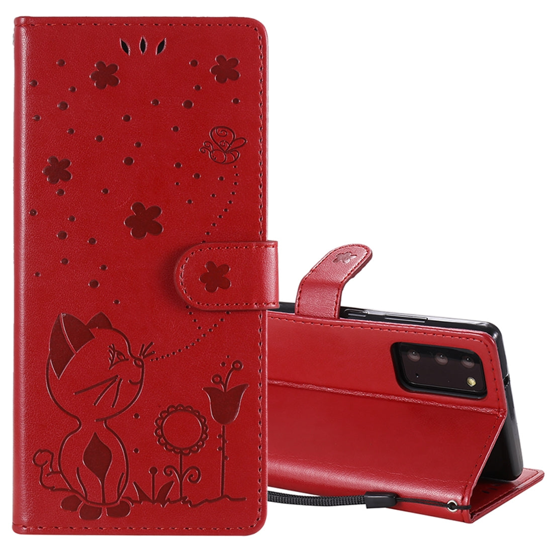 For Samsung Galaxy Note 20 Cat and Bee Embossed Flip Leather Phone Case Wallet Cover with Card Slots Cash Pocket Magnetic Stand Protective Shockproof TPU PU Leather Case with Wrist Strap