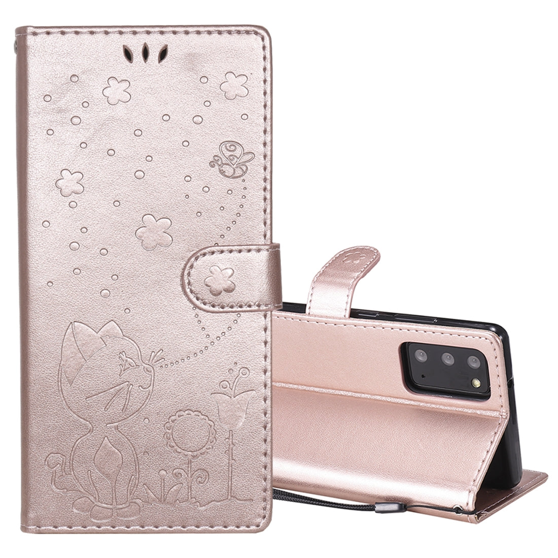 For Samsung Galaxy Note 20 Cat and Bee Embossed Flip Leather Phone Case Wallet Cover with Card Slots Cash Pocket Magnetic Stand Protective Shockproof TPU PU Leather Case with Wrist Strap