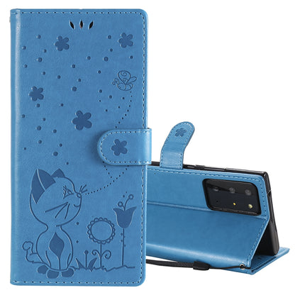 For Samsung Galaxy Note 20 Ultra Cat and Bee Embossed Flip Leather Phone Case Wallet Cover with Card Slots Cash Pocket Magnetic Stand Protective Shockproof TPU PU Leather Case with Wrist Strap