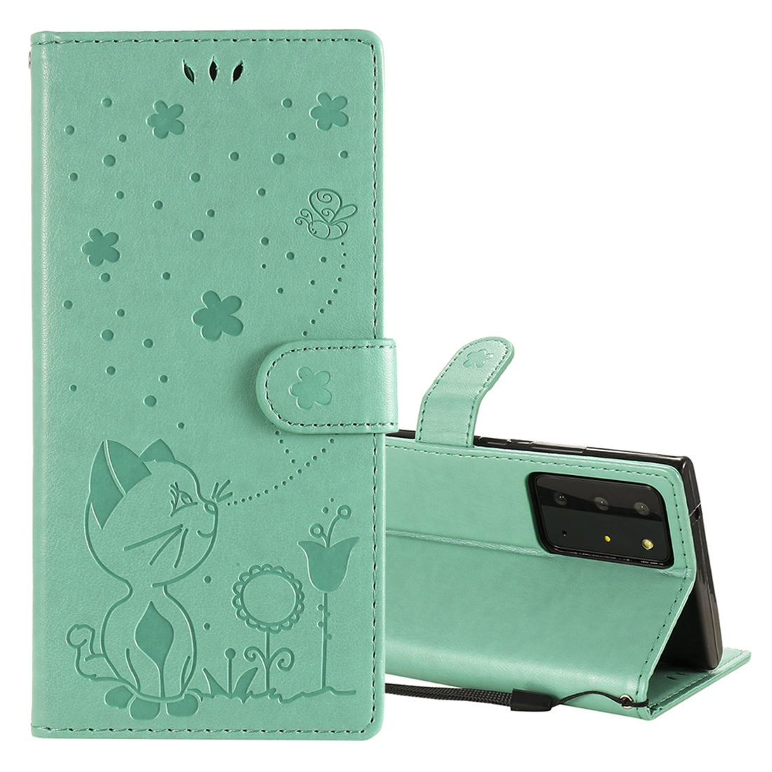 For Samsung Galaxy Note 20 Ultra Cat and Bee Embossed Flip Leather Phone Case Wallet Cover with Card Slots Cash Pocket Magnetic Stand Protective Shockproof TPU PU Leather Case with Wrist Strap