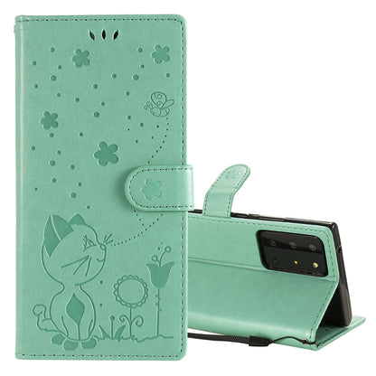 For Samsung Galaxy Note 20 Ultra Cat and Bee Embossed Flip Leather Phone Case Wallet Cover with Card Slots Cash Pocket Magnetic Stand Protective Shockproof TPU PU Leather Case with Wrist Strap