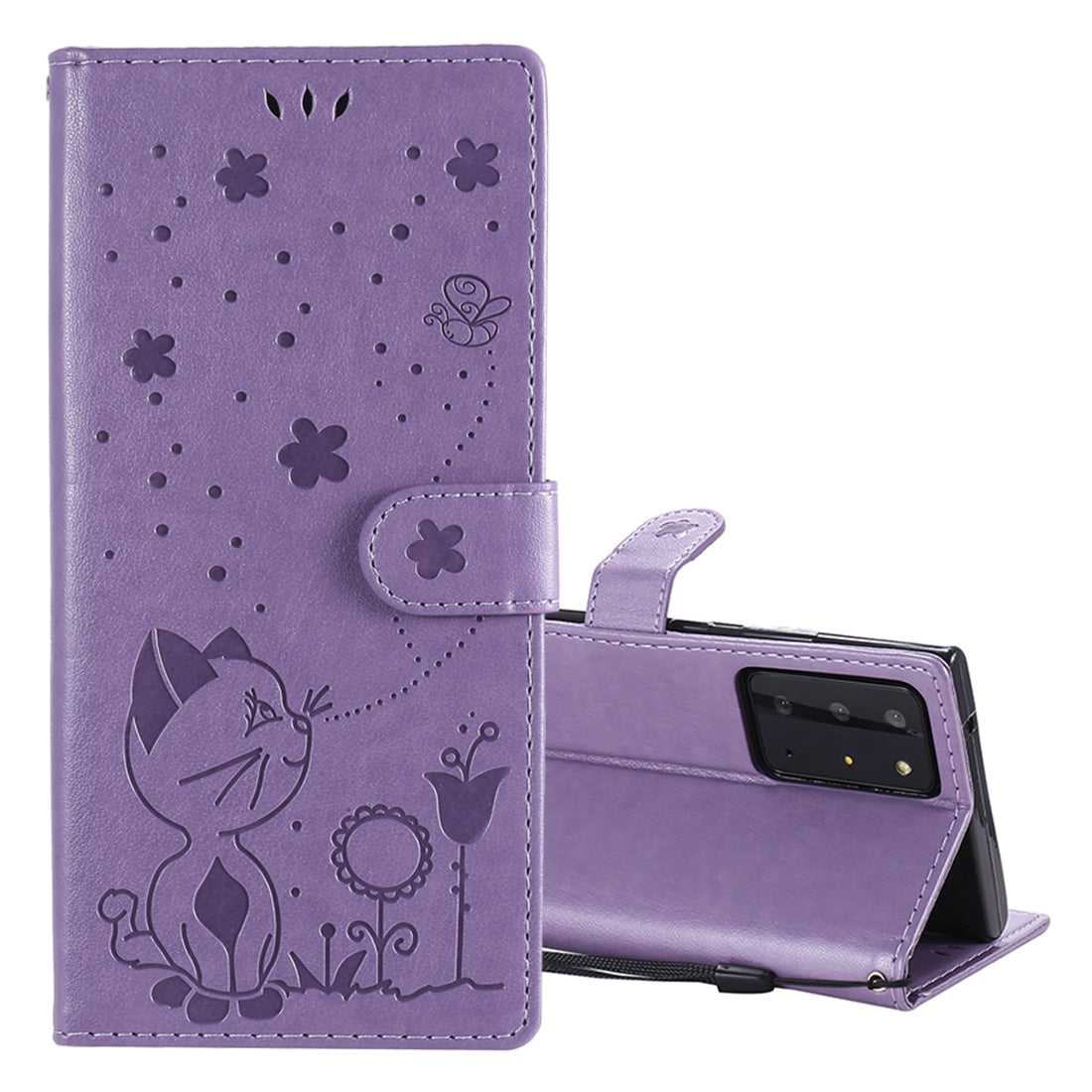 For Samsung Galaxy Note 20 Ultra Cat and Bee Embossed Flip Leather Phone Case Wallet Cover with Card Slots Cash Pocket Magnetic Stand Protective Shockproof TPU PU Leather Case with Wrist Strap