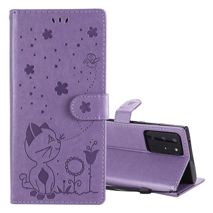 For Samsung Galaxy Note 20 Ultra Cat and Bee Embossed Flip Leather Phone Case Wallet Cover with Card Slots Cash Pocket Magnetic Stand Protective Shockproof TPU PU Leather Case with Wrist Strap