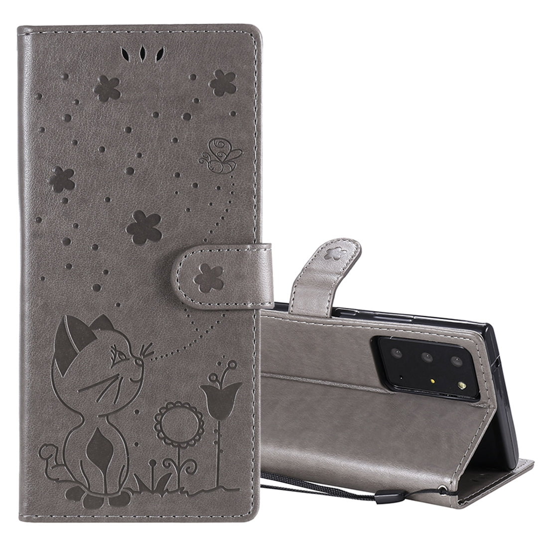 For Samsung Galaxy Note 20 Ultra Cat and Bee Embossed Flip Leather Phone Case Wallet Cover with Card Slots Cash Pocket Magnetic Stand Protective Shockproof TPU PU Leather Case with Wrist Strap