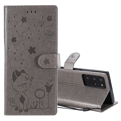 For Samsung Galaxy Note 20 Ultra Cat and Bee Embossed Flip Leather Phone Case Wallet Cover with Card Slots Cash Pocket Magnetic Stand Protective Shockproof TPU PU Leather Case with Wrist Strap