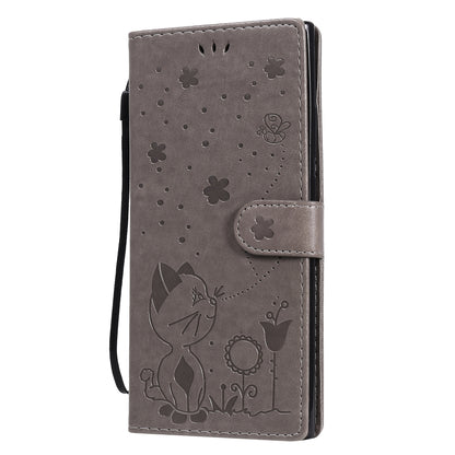 For Samsung Galaxy Note 20 Ultra Cat and Bee Embossed Flip Leather Phone Case Wallet Cover with Card Slots Cash Pocket Magnetic Stand Protective Shockproof TPU PU Leather Case with Wrist Strap