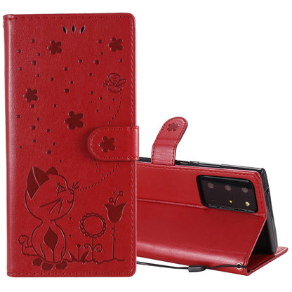 For Samsung Galaxy Note 20 Ultra Cat and Bee Embossed Flip Leather Phone Case Wallet Cover with Card Slots Cash Pocket Magnetic Stand Protective Shockproof TPU PU Leather Case with Wrist Strap