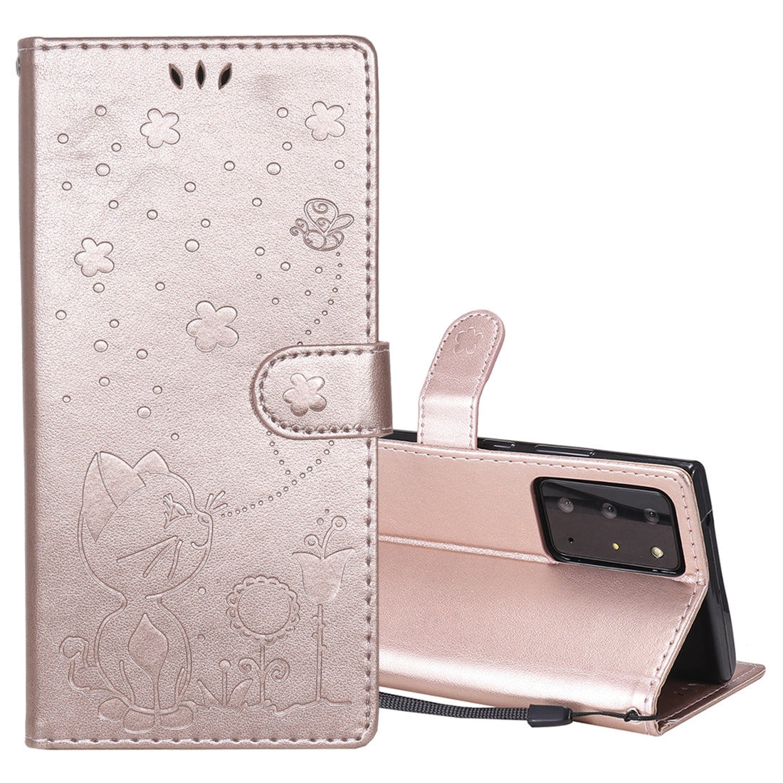 For Samsung Galaxy Note 20 Ultra Cat and Bee Embossed Flip Leather Phone Case Wallet Cover with Card Slots Cash Pocket Magnetic Stand Protective Shockproof TPU PU Leather Case with Wrist Strap