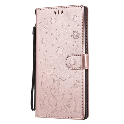 For Samsung Galaxy Note 20 Ultra Cat and Bee Embossed Flip Leather Phone Case Wallet Cover with Card Slots Cash Pocket Magnetic Stand Protective Shockproof TPU PU Leather Case with Wrist Strap