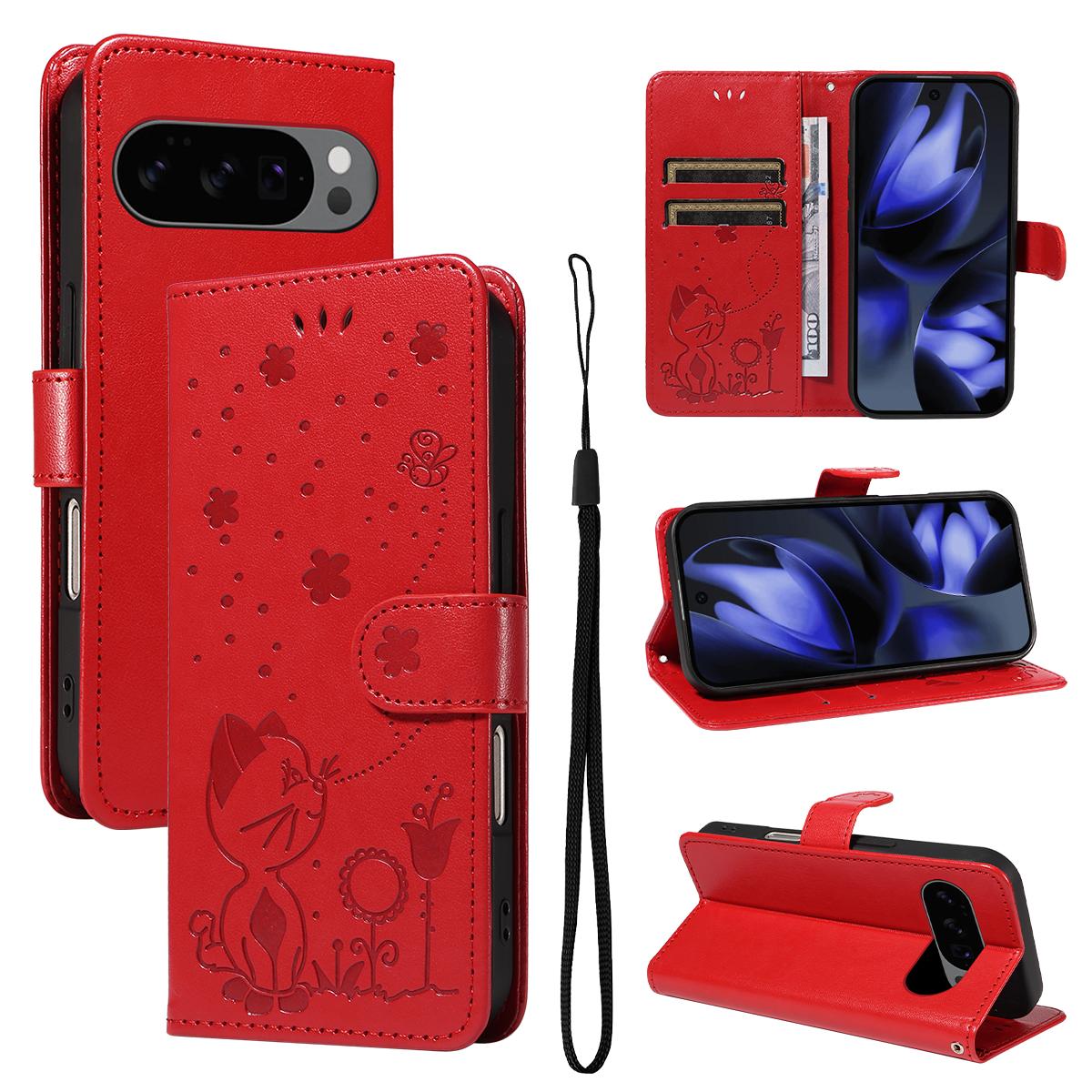 For Google Pixel 10 Cat and Bee Embossed Flip Leather Phone Case Wallet Cover with Card Slots Cash Pocket Magnetic Stand Protective Shockproof TPU PU Leather Case with Wrist Strap