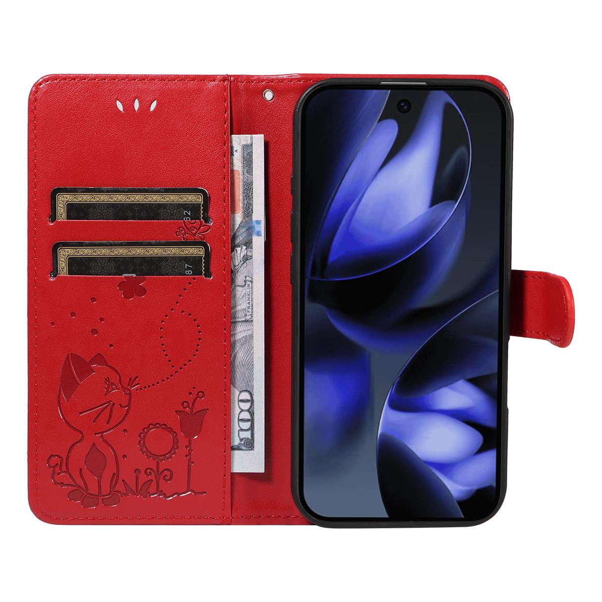 For Google Pixel 10 Pro Cat and Bee Embossed Flip Leather Phone Case Wallet Cover with Card Slots Cash Pocket Magnetic Stand Protective Shockproof TPU PU Leather Case with Wrist Strap