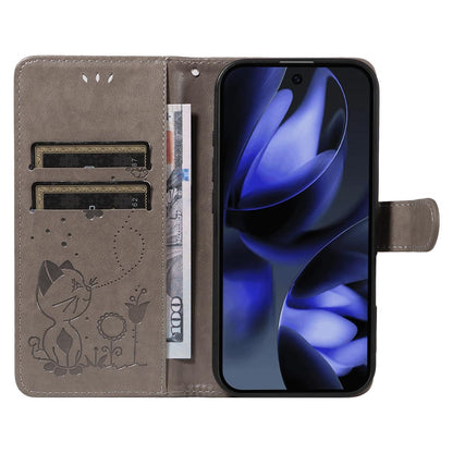 For Google Pixel 10 Cat and Bee Embossed Flip Leather Phone Case Wallet Cover with Card Slots Cash Pocket Magnetic Stand Protective Shockproof TPU PU Leather Case with Wrist Strap