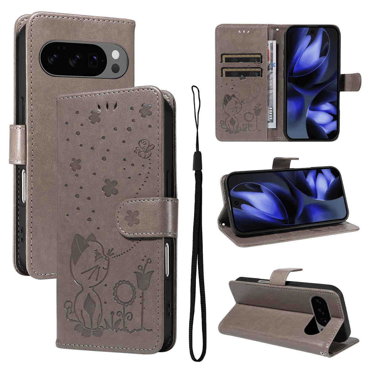 For Google Pixel 10 Pro Cat and Bee Embossed Flip Leather Phone Case Wallet Cover with Card Slots Cash Pocket Magnetic Stand Protective Shockproof TPU PU Leather Case with Wrist Strap