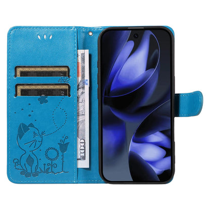 For Google Pixel 10 Cat and Bee Embossed Flip Leather Phone Case Wallet Cover with Card Slots Cash Pocket Magnetic Stand Protective Shockproof TPU PU Leather Case with Wrist Strap