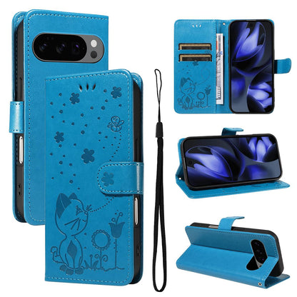 For Google Pixel 10 Pro Cat and Bee Embossed Flip Leather Phone Case Wallet Cover with Card Slots Cash Pocket Magnetic Stand Protective Shockproof TPU PU Leather Case with Wrist Strap