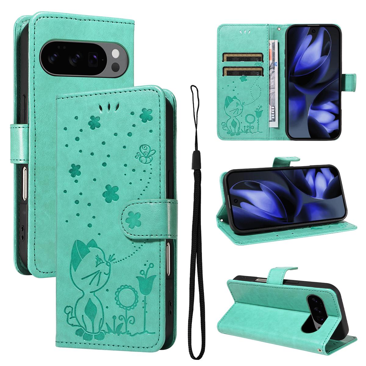 For Google Pixel 10 Pro Cat and Bee Embossed Flip Leather Phone Case Wallet Cover with Card Slots Cash Pocket Magnetic Stand Protective Shockproof TPU PU Leather Case with Wrist Strap