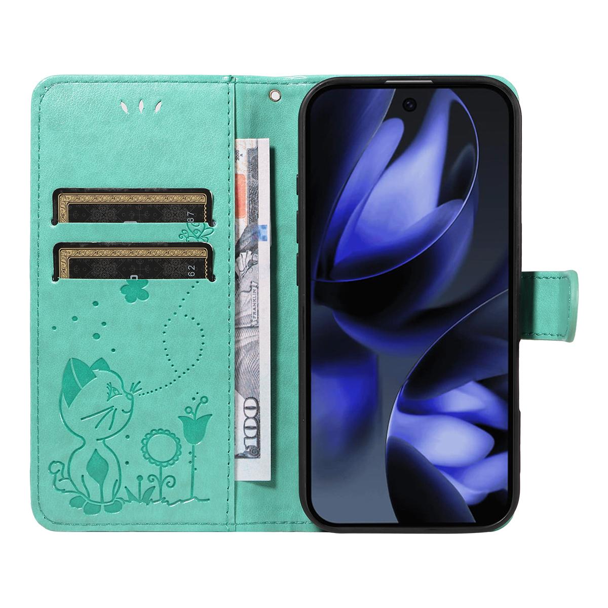 For Google Pixel 10 Pro Cat and Bee Embossed Flip Leather Phone Case Wallet Cover with Card Slots Cash Pocket Magnetic Stand Protective Shockproof TPU PU Leather Case with Wrist Strap