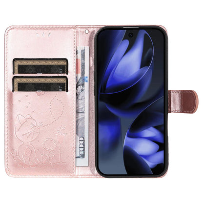 For Google Pixel 10 Cat and Bee Embossed Flip Leather Phone Case Wallet Cover with Card Slots Cash Pocket Magnetic Stand Protective Shockproof TPU PU Leather Case with Wrist Strap