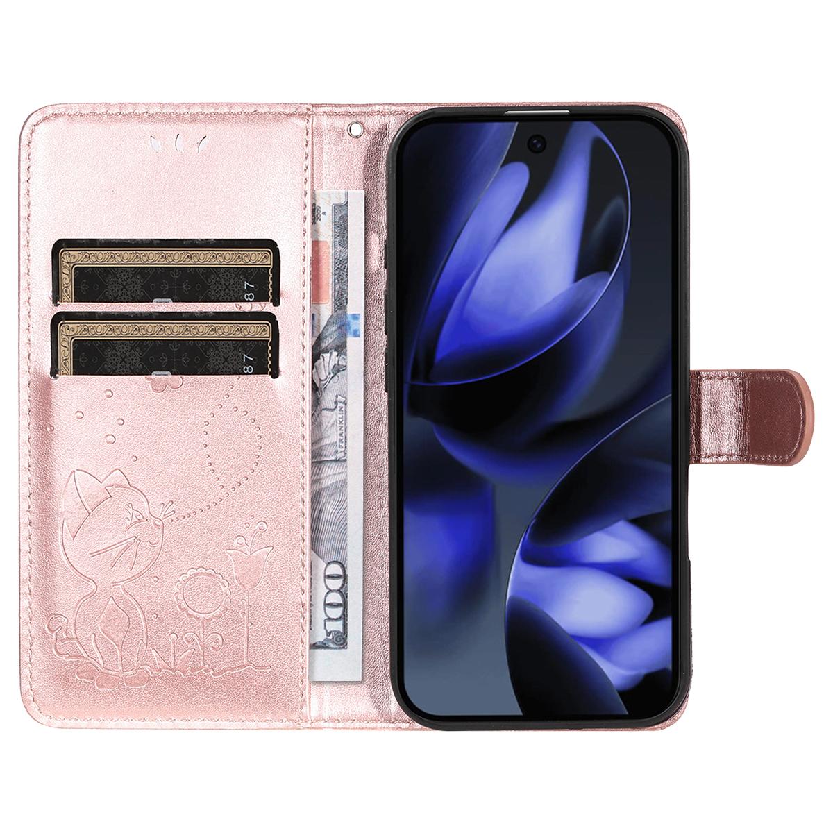 For Google Pixel 10 Pro Cat and Bee Embossed Flip Leather Phone Case Wallet Cover with Card Slots Cash Pocket Magnetic Stand Protective Shockproof TPU PU Leather Case with Wrist Strap