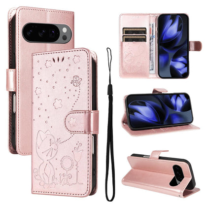 For Google Pixel 10 Pro Cat and Bee Embossed Flip Leather Phone Case Wallet Cover with Card Slots Cash Pocket Magnetic Stand Protective Shockproof TPU PU Leather Case with Wrist Strap
