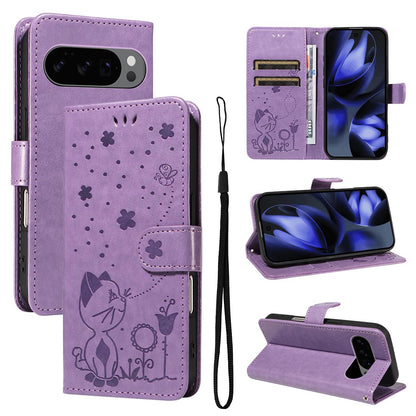 For Google Pixel 10 Cat and Bee Embossed Flip Leather Phone Case Wallet Cover with Card Slots Cash Pocket Magnetic Stand Protective Shockproof TPU PU Leather Case with Wrist Strap