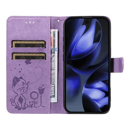 For Google Pixel 10 Pro Cat and Bee Embossed Flip Leather Phone Case Wallet Cover with Card Slots Cash Pocket Magnetic Stand Protective Shockproof TPU PU Leather Case with Wrist Strap