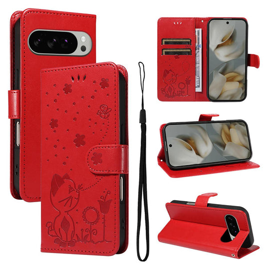 For Google Pixel 10 Pro XL 5G Cat and Bee Embossed Flip Leather Phone Case Wallet Cover with Card Slots Cash Pocket Magnetic Stand Protective Shockproof TPU PU Leather Case with Wrist Strap