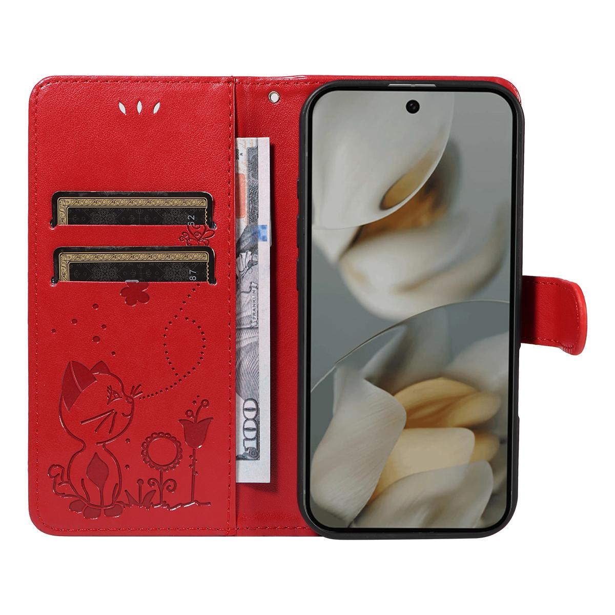For Google Pixel 10 Pro XL 5G Cat and Bee Embossed Flip Leather Phone Case Wallet Cover with Card Slots Cash Pocket Magnetic Stand Protective Shockproof TPU PU Leather Case with Wrist Strap