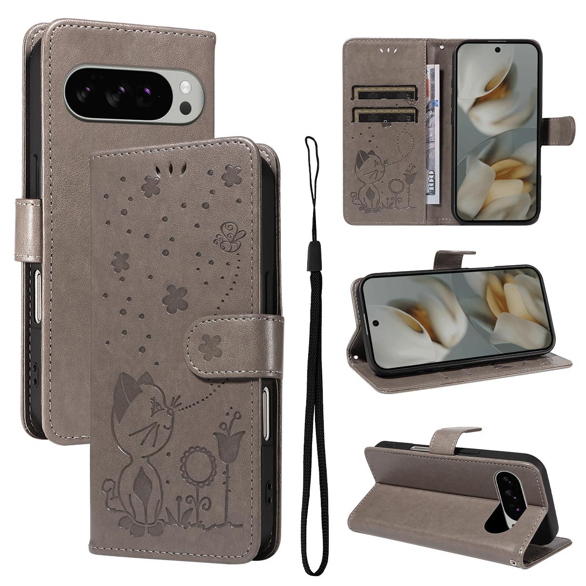 For Google Pixel 10 Pro XL 5G Cat and Bee Embossed Flip Leather Phone Case Wallet Cover with Card Slots Cash Pocket Magnetic Stand Protective Shockproof TPU PU Leather Case with Wrist Strap