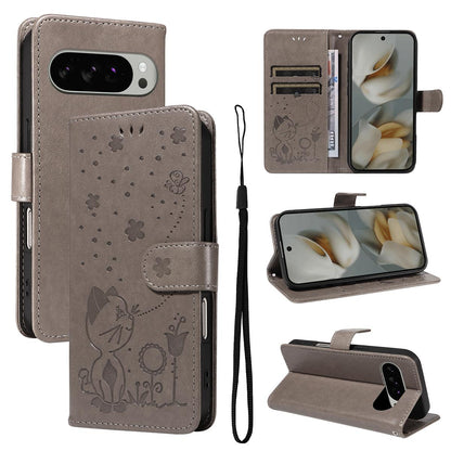 For Google Pixel 10 Pro XL 5G Cat and Bee Embossed Flip Leather Phone Case Wallet Cover with Card Slots Cash Pocket Magnetic Stand Protective Shockproof TPU PU Leather Case with Wrist Strap