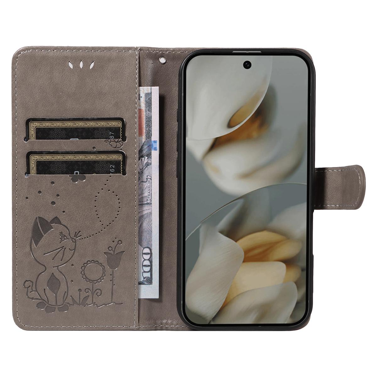 For Google Pixel 10 Pro XL 5G Cat and Bee Embossed Flip Leather Phone Case Wallet Cover with Card Slots Cash Pocket Magnetic Stand Protective Shockproof TPU PU Leather Case with Wrist Strap