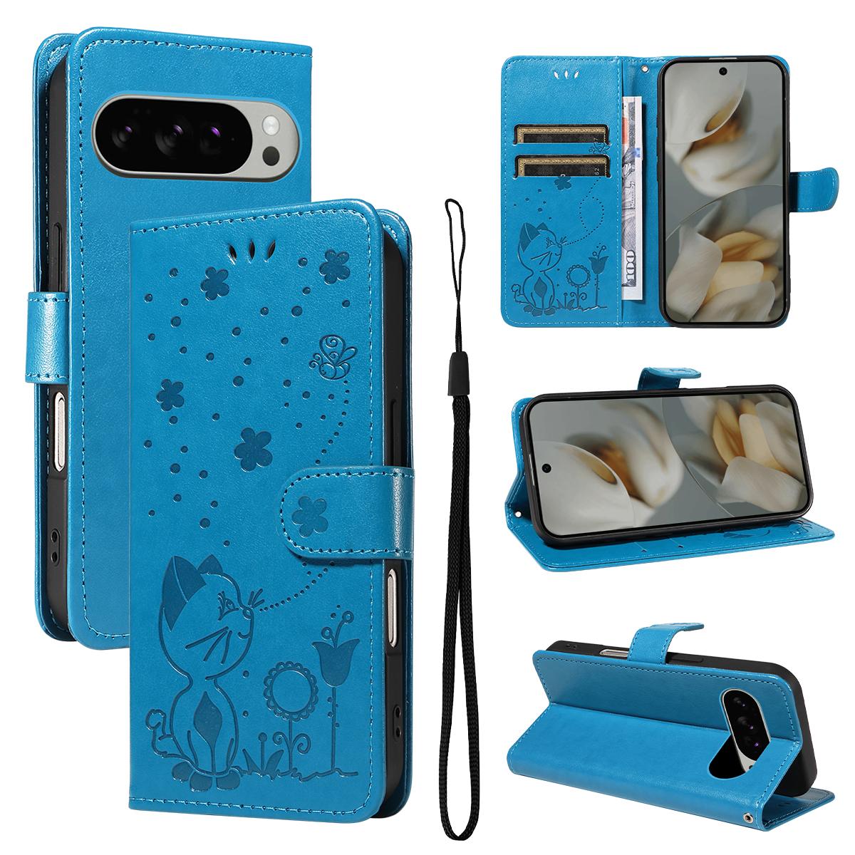 For Google Pixel 10 Pro XL 5G Cat and Bee Embossed Flip Leather Phone Case Wallet Cover with Card Slots Cash Pocket Magnetic Stand Protective Shockproof TPU PU Leather Case with Wrist Strap