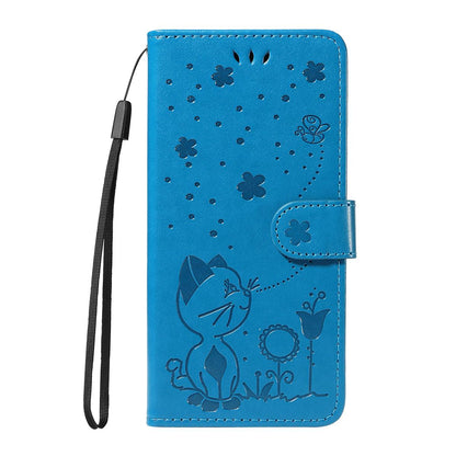 For Google Pixel 10 Pro XL 5G Cat and Bee Embossed Flip Leather Phone Case Wallet Cover with Card Slots Cash Pocket Magnetic Stand Protective Shockproof TPU PU Leather Case with Wrist Strap