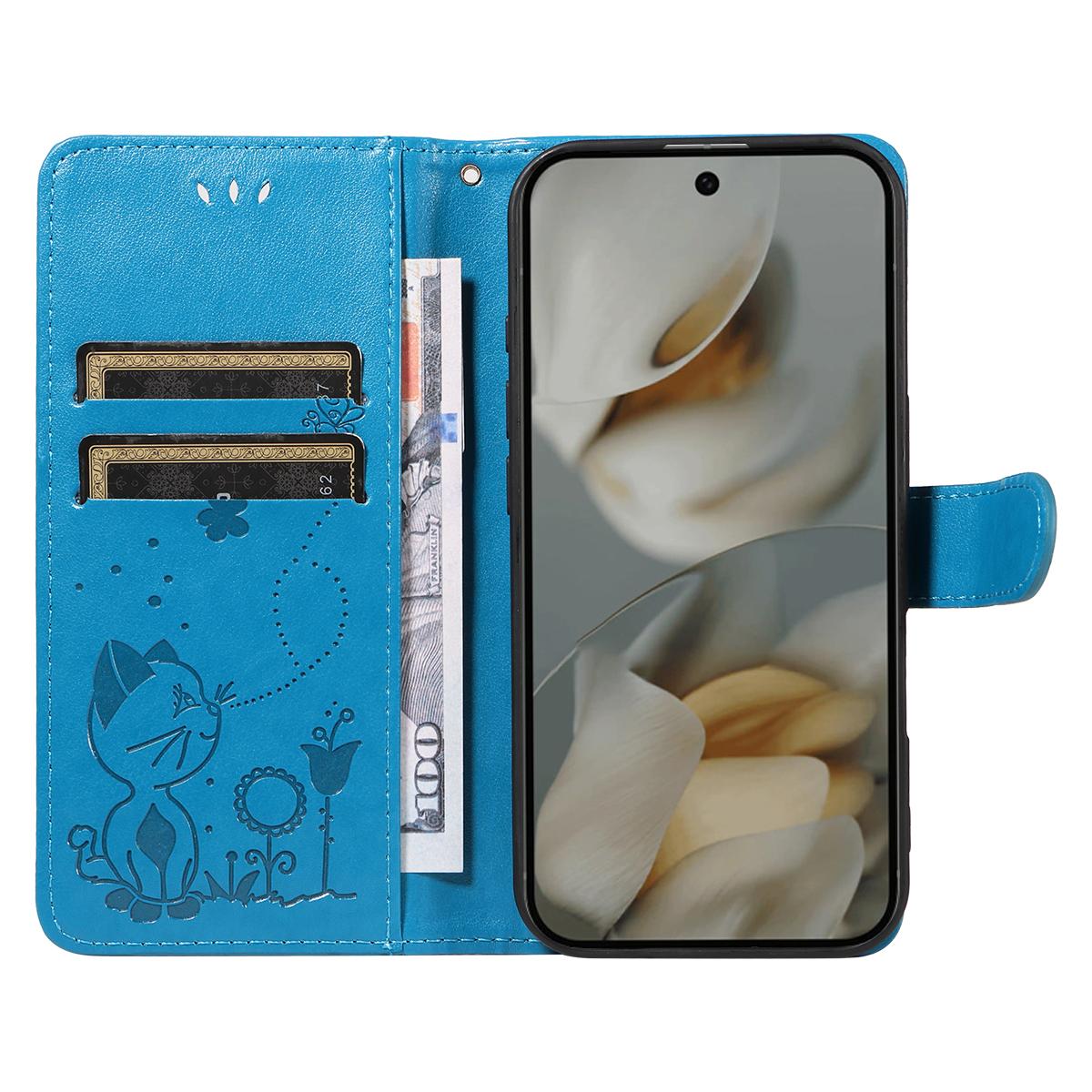 For Google Pixel 10 Pro XL 5G Cat and Bee Embossed Flip Leather Phone Case Wallet Cover with Card Slots Cash Pocket Magnetic Stand Protective Shockproof TPU PU Leather Case with Wrist Strap