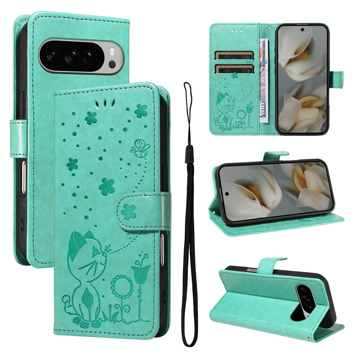 For Google Pixel 10 Pro XL 5G Cat and Bee Embossed Flip Leather Phone Case Wallet Cover with Card Slots Cash Pocket Magnetic Stand Protective Shockproof TPU PU Leather Case with Wrist Strap