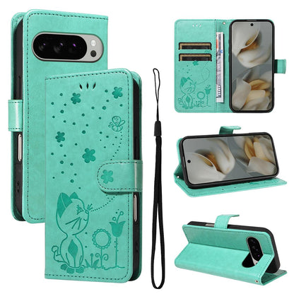 For Google Pixel 10 Pro XL 5G Cat and Bee Embossed Flip Leather Phone Case Wallet Cover with Card Slots Cash Pocket Magnetic Stand Protective Shockproof TPU PU Leather Case with Wrist Strap