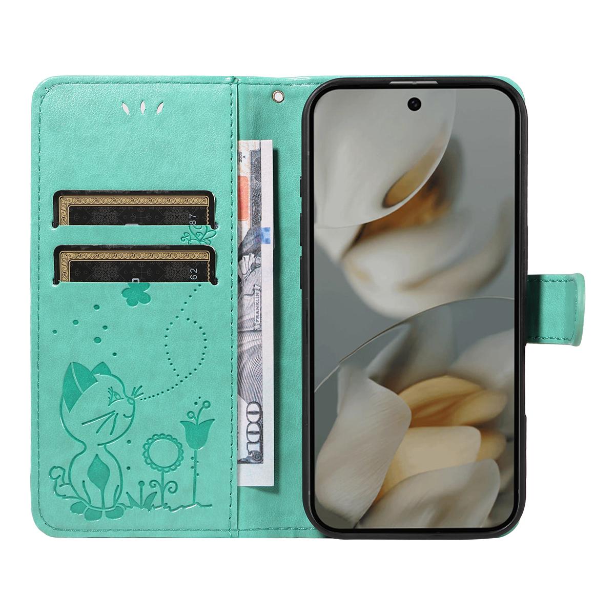 For Google Pixel 10 Pro XL 5G Cat and Bee Embossed Flip Leather Phone Case Wallet Cover with Card Slots Cash Pocket Magnetic Stand Protective Shockproof TPU PU Leather Case with Wrist Strap