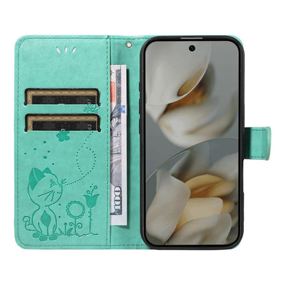 For Google Pixel 10 Pro XL 5G Cat and Bee Embossed Flip Leather Phone Case Wallet Cover with Card Slots Cash Pocket Magnetic Stand Protective Shockproof TPU PU Leather Case with Wrist Strap