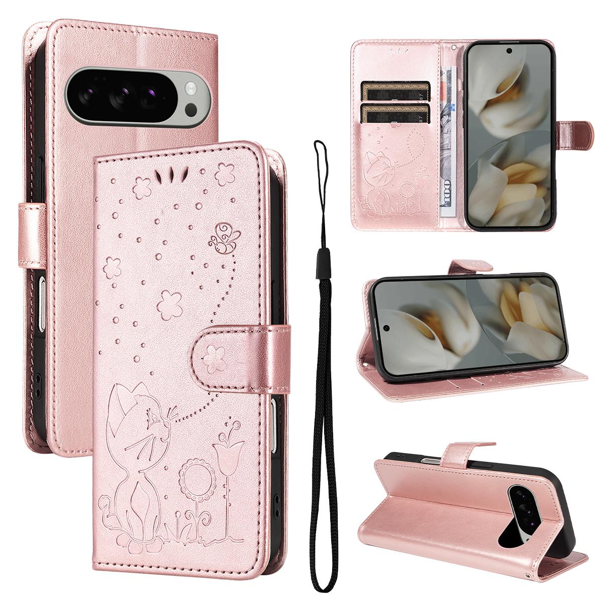 For Google Pixel 10 Pro XL 5G Cat and Bee Embossed Flip Leather Phone Case Wallet Cover with Card Slots Cash Pocket Magnetic Stand Protective Shockproof TPU PU Leather Case with Wrist Strap