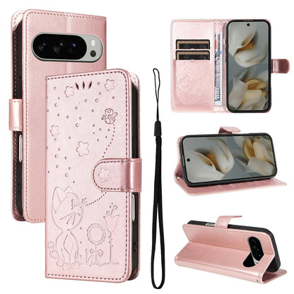 For Google Pixel 10 Pro XL 5G Cat and Bee Embossed Flip Leather Phone Case Wallet Cover with Card Slots Cash Pocket Magnetic Stand Protective Shockproof TPU PU Leather Case with Wrist Strap
