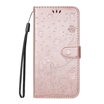 For Google Pixel 10 Pro XL 5G Cat and Bee Embossed Flip Leather Phone Case Wallet Cover with Card Slots Cash Pocket Magnetic Stand Protective Shockproof TPU PU Leather Case with Wrist Strap