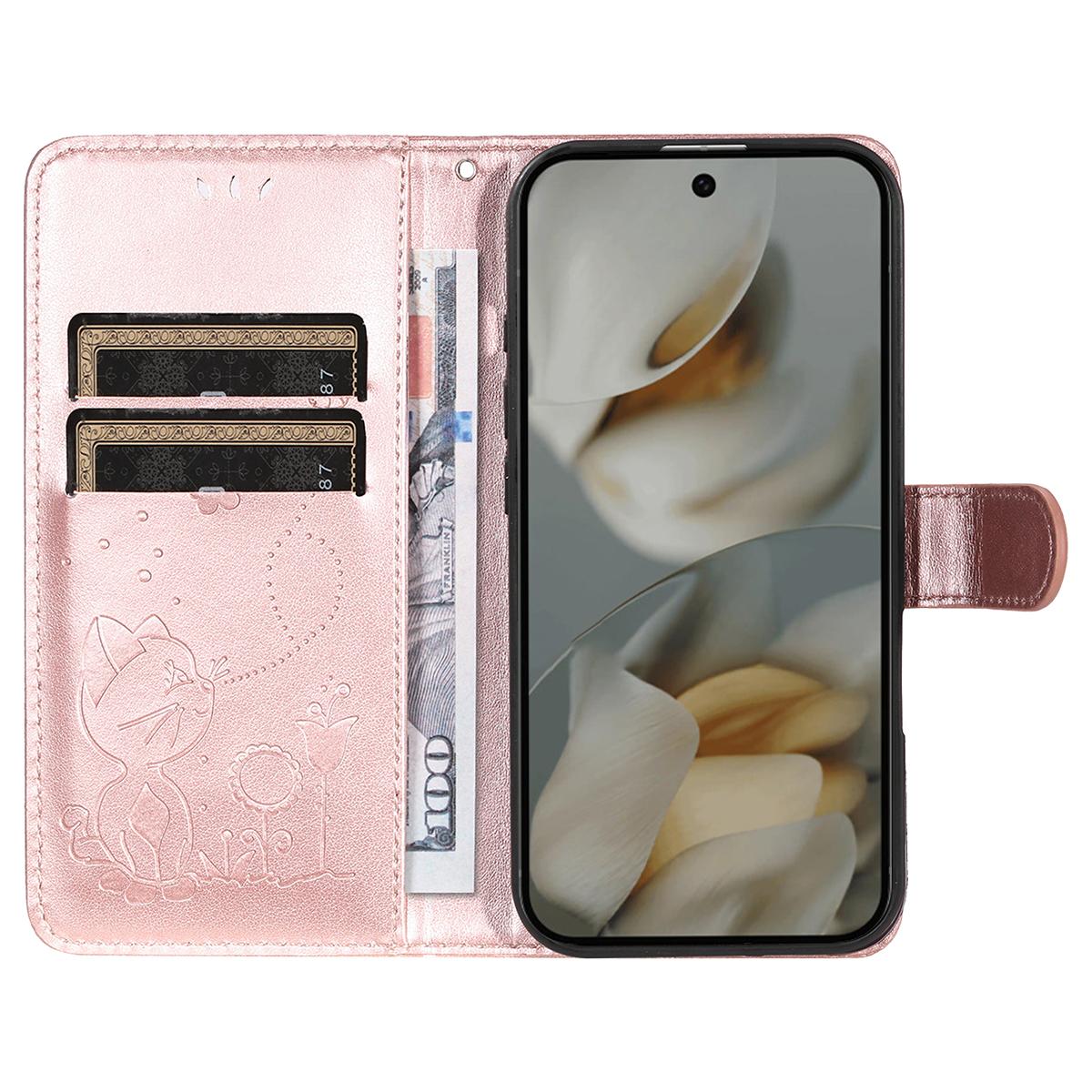 For Google Pixel 10 Pro XL 5G Cat and Bee Embossed Flip Leather Phone Case Wallet Cover with Card Slots Cash Pocket Magnetic Stand Protective Shockproof TPU PU Leather Case with Wrist Strap