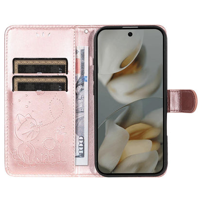 For Google Pixel 10 Pro XL 5G Cat and Bee Embossed Flip Leather Phone Case Wallet Cover with Card Slots Cash Pocket Magnetic Stand Protective Shockproof TPU PU Leather Case with Wrist Strap