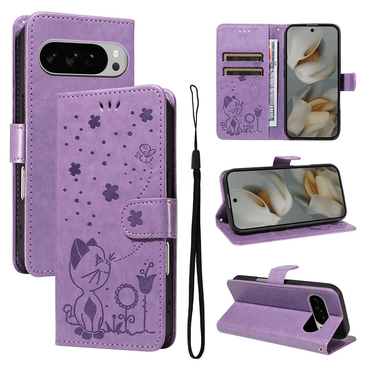 For Google Pixel 10 Pro XL 5G Cat and Bee Embossed Flip Leather Phone Case Wallet Cover with Card Slots Cash Pocket Magnetic Stand Protective Shockproof TPU PU Leather Case with Wrist Strap