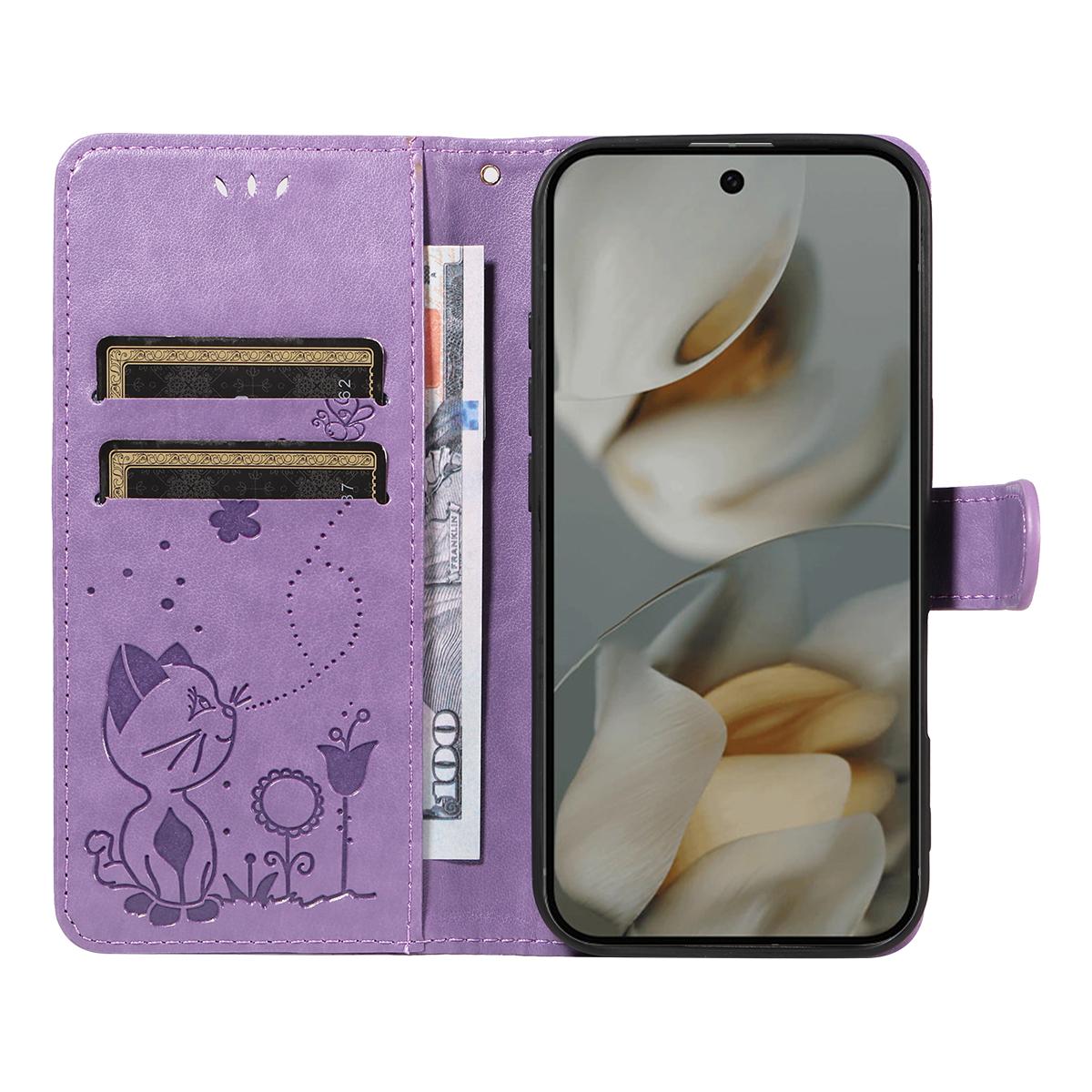 For Google Pixel 10 Pro XL 5G Cat and Bee Embossed Flip Leather Phone Case Wallet Cover with Card Slots Cash Pocket Magnetic Stand Protective Shockproof TPU PU Leather Case with Wrist Strap