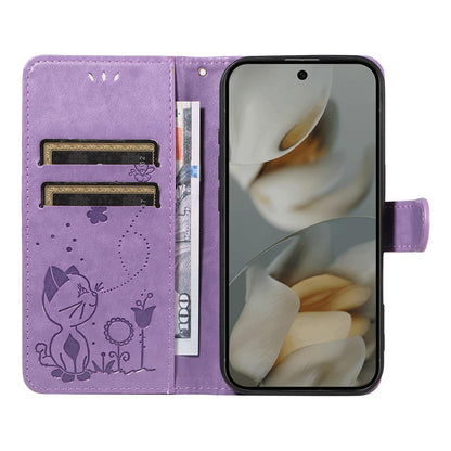 For Google Pixel 10 Pro XL 5G Cat and Bee Embossed Flip Leather Phone Case Wallet Cover with Card Slots Cash Pocket Magnetic Stand Protective Shockproof TPU PU Leather Case with Wrist Strap